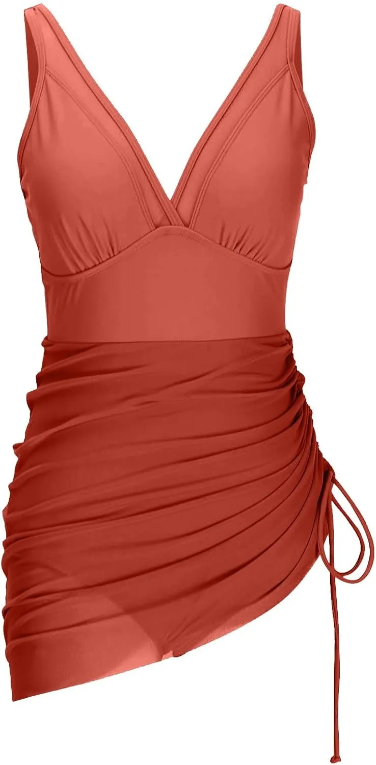 Women One Piece Swim Dress Tummy Control Modest Swimsuits Slimming Mesh Sheer Sarong Wraps Bathing Suit for Women