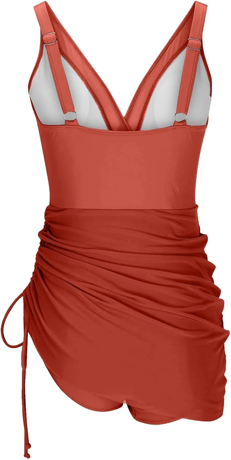 Women One Piece Swim Dress Tummy Control Modest Swimsuits Slimming Mesh Sheer Sarong Wraps Bathing Suit for Women