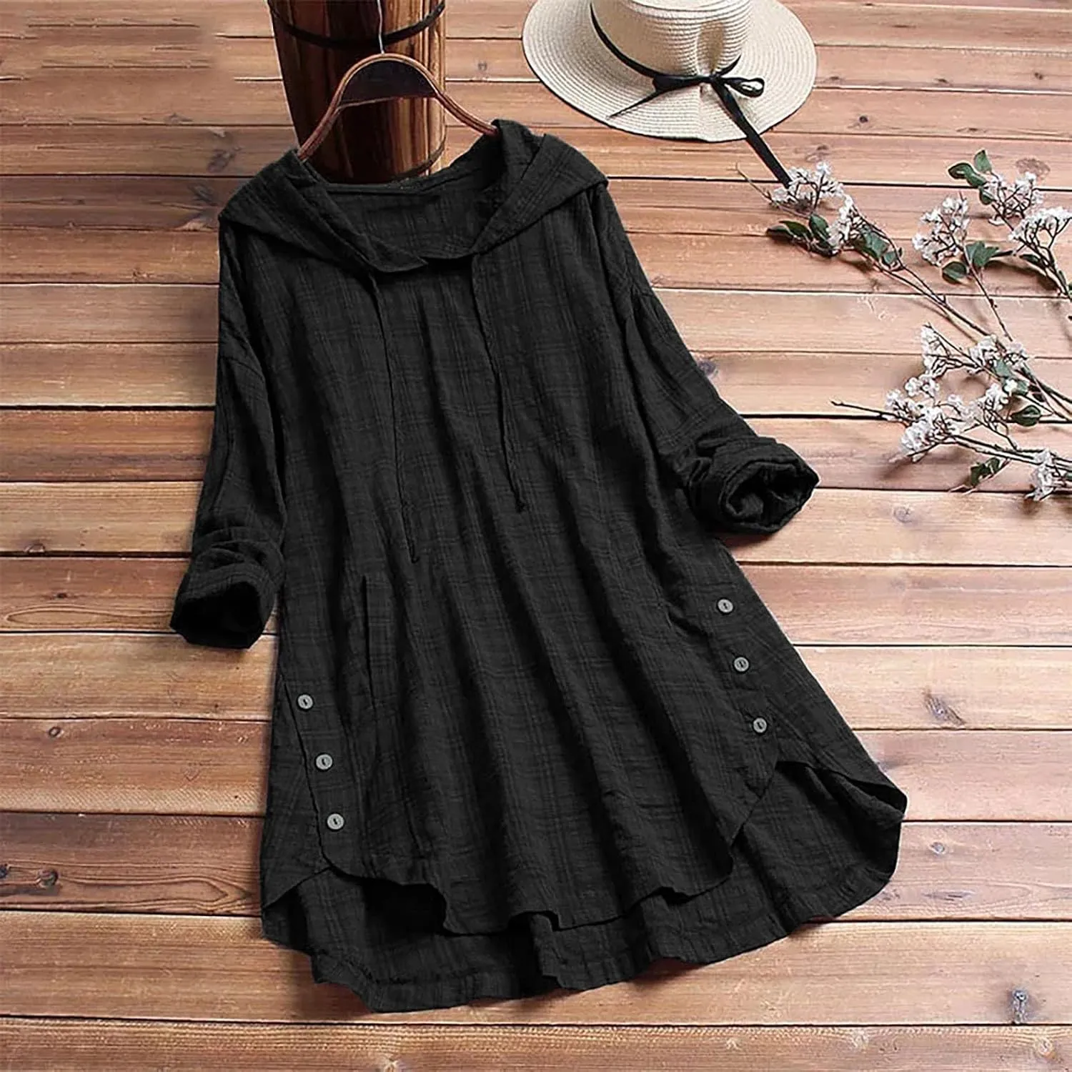 Women Plus Size Hooded Dress Tops Cotton Linen Long Sleeve Shirts Blouse Fall Fashion Flowy Tunic Hide Belly Shirts