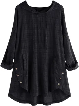 Women Plus Size Hooded Dress Tops Cotton Linen Long Sleeve Shirts Blouse Fall Fashion Flowy Tunic Hide Belly Shirts