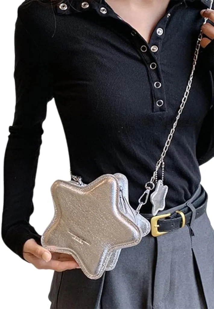 Women PU Leather Shoulder Bag Cute Star Shape Sparkly Metallic Crossbody Bag with Metal Chain Small Purse for Shopping