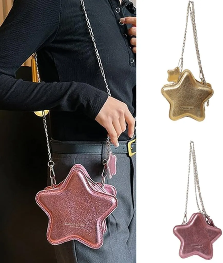 Women PU Leather Shoulder Bag Cute Star Shape Sparkly Metallic Crossbody Bag with Metal Chain Small Purse for Shopping