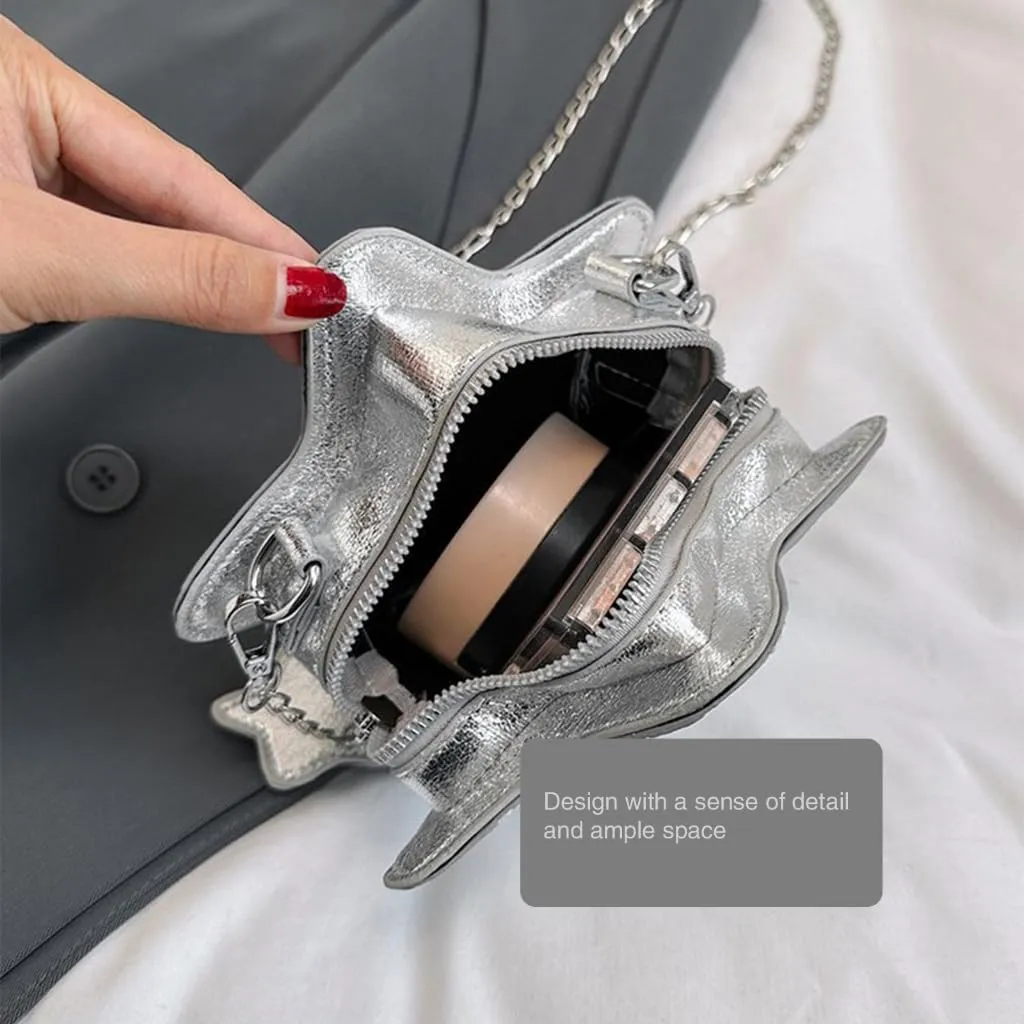 Women PU Leather Shoulder Bag Cute Star Shape Sparkly Metallic Crossbody Bag with Metal Chain Small Purse for Shopping