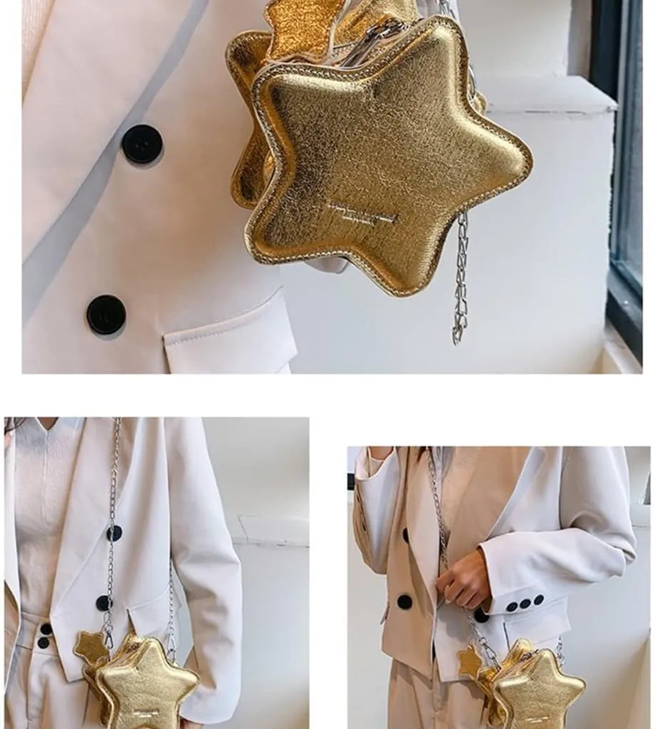 Women PU Leather Shoulder Bag Cute Star Shape Sparkly Metallic Crossbody Bag with Metal Chain Small Purse for Shopping