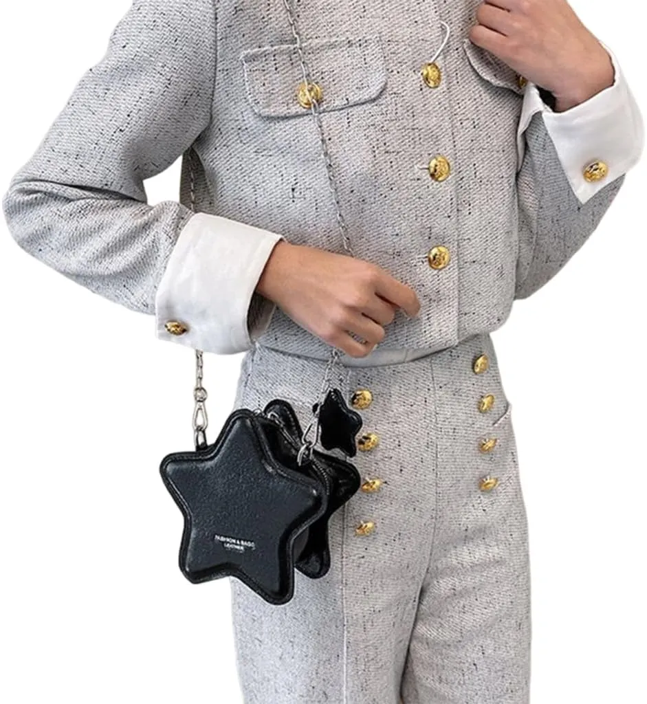 Women PU Leather Shoulder Bag Cute Star Shape Sparkly Metallic Crossbody Bag with Metal Chain Small Purse for Shopping