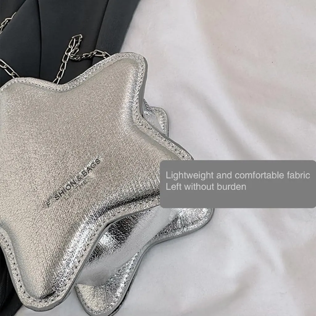 Women PU Leather Shoulder Bag Cute Star Shape Sparkly Metallic Crossbody Bag with Metal Chain Small Purse for Shopping