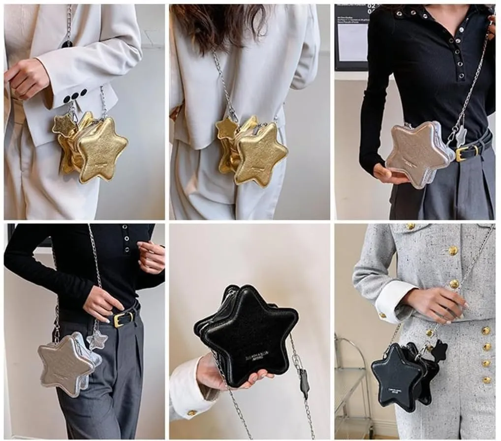 Women PU Leather Shoulder Bag Cute Star Shape Sparkly Metallic Crossbody Bag with Metal Chain Small Purse for Shopping
