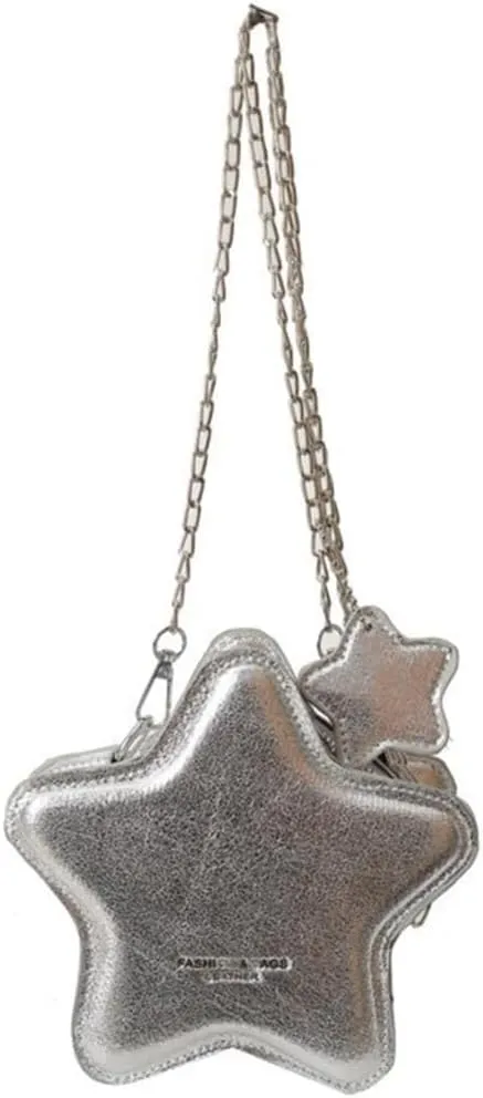 Women PU Leather Shoulder Bag Cute Star Shape Sparkly Metallic Crossbody Bag with Metal Chain Small Purse for Shopping