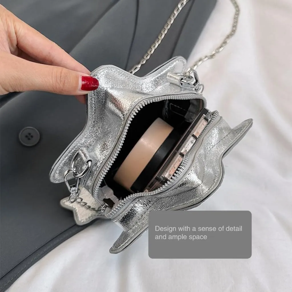 Women PU Leather Shoulder Bag Cute Star Shape Sparkly Metallic Crossbody Bag with Metal Chain Small Purse for Shopping