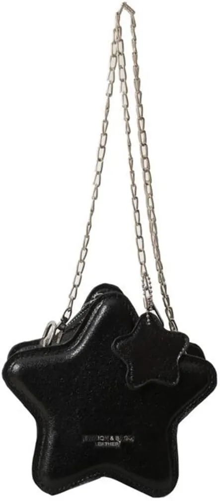 Women PU Leather Shoulder Bag Cute Star Shape Sparkly Metallic Crossbody Bag with Metal Chain Small Purse for Shopping