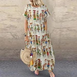 Women Summer Casual Dress 2025 Ethnic Printed Short Sleeve Loose Cotton Linen Beach Ankle Length Long Dress with Pocket