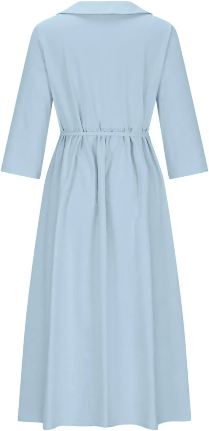 Women Summer Cotton Linen Dress 3/4 Sleeve Crew Neck Loose Long Dress Double Layers Flowy Smocked Tiered Dress