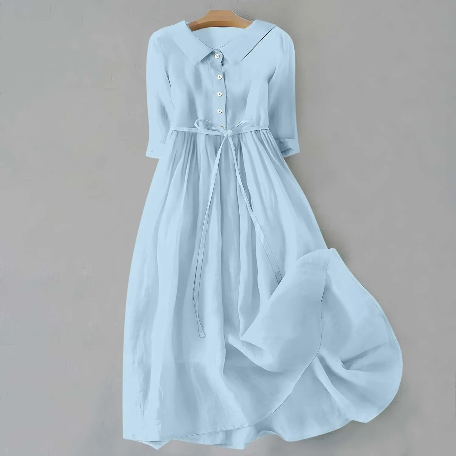 Women Summer Cotton Linen Dress 3/4 Sleeve Crew Neck Loose Long Dress Double Layers Flowy Smocked Tiered Dress