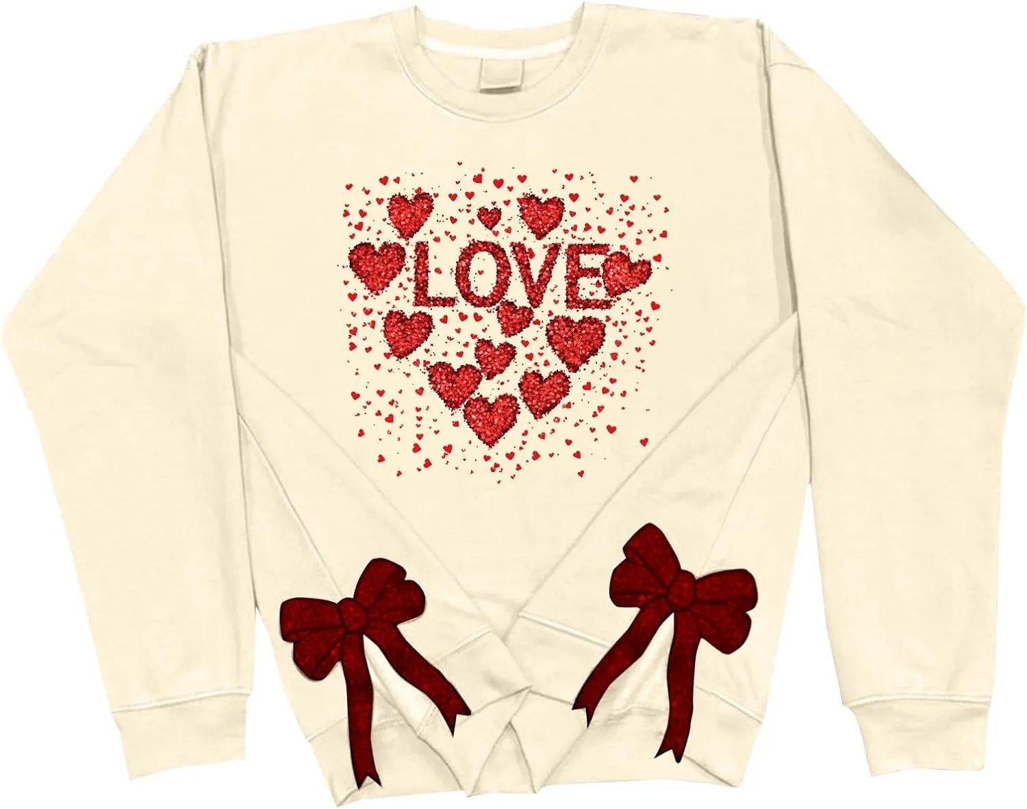 Womens 2025 Heart Printed Sweatshirt Side Bow Applique Trendy Blouses Holiday Outdoor Sports Casual Top