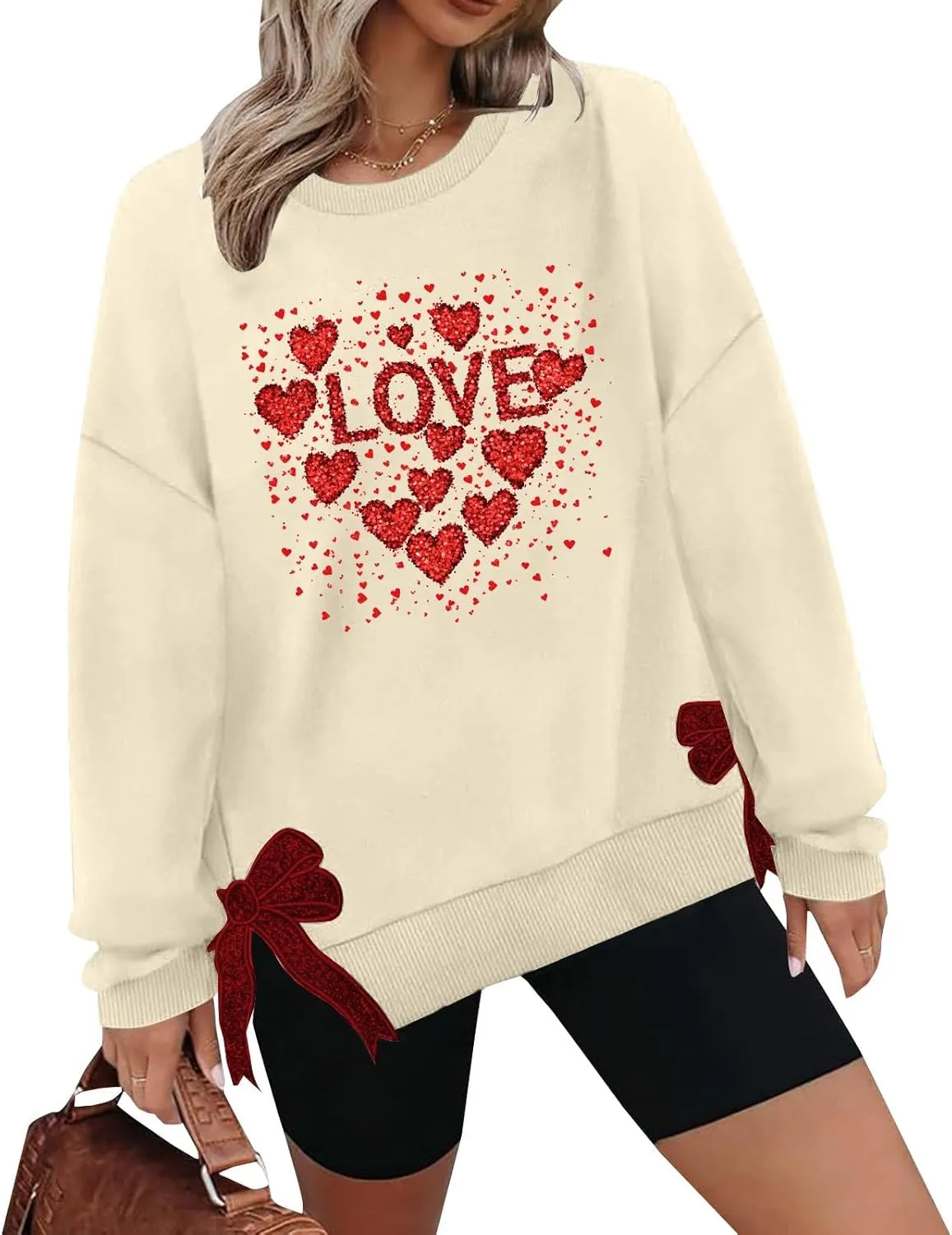 Womens 2025 Heart Printed Sweatshirt Side Bow Applique Trendy Blouses Holiday Outdoor Sports Casual Top