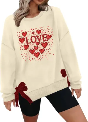 Womens 2025 Heart Printed Sweatshirt Side Bow Applique Trendy Blouses Holiday Outdoor Sports Casual Top