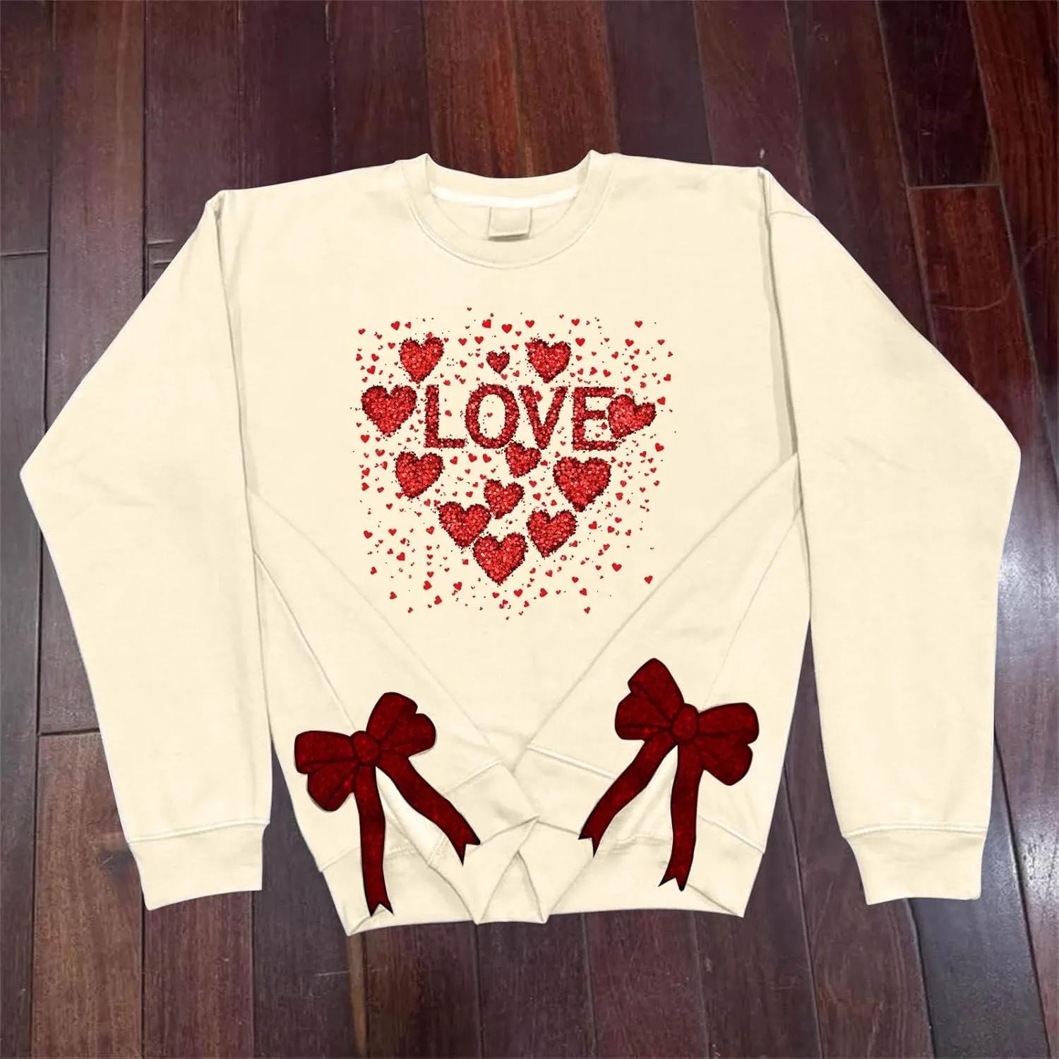 Womens 2025 Heart Printed Sweatshirt Side Bow Applique Trendy Blouses Holiday Outdoor Sports Casual Top