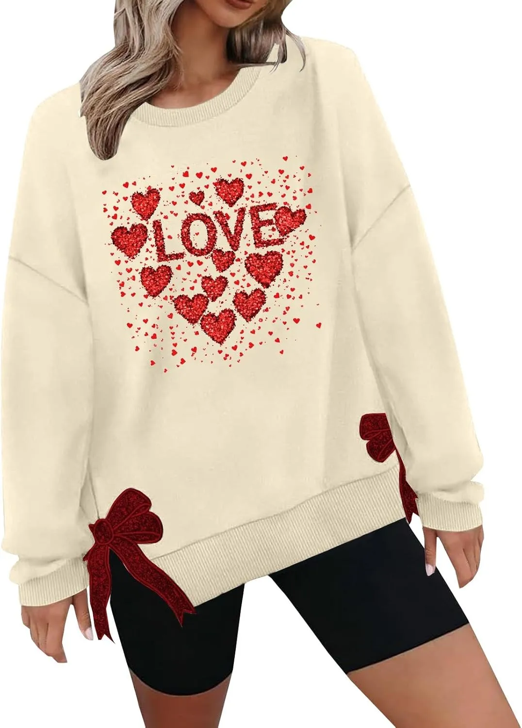 Womens 2025 Heart Printed Sweatshirt Side Bow Applique Trendy Blouses Holiday Outdoor Sports Casual Top