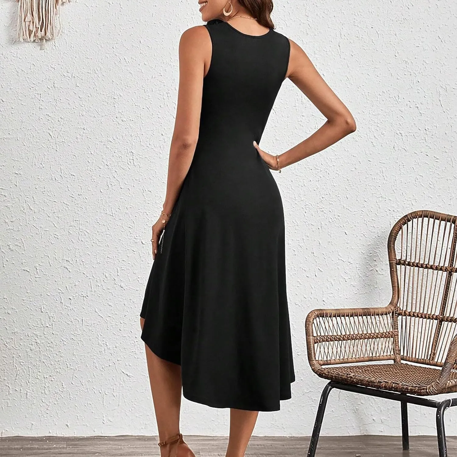 Women's 2025 Summer Sleeveless Ruched Waist Flowy A Line High Low Midi Cocktail Party Casual Office Dresses
