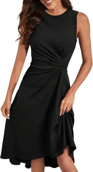 Women's 2025 Summer Sleeveless Ruched Waist Flowy A Line High Low Midi Cocktail Party Casual Office Dresses