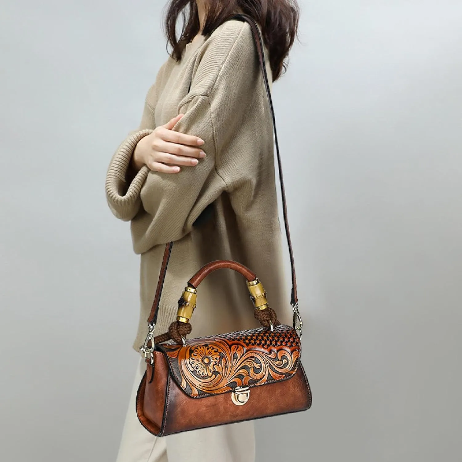 Women's Bag Handbag Leather Carving Craft Women's Shoulder Bag