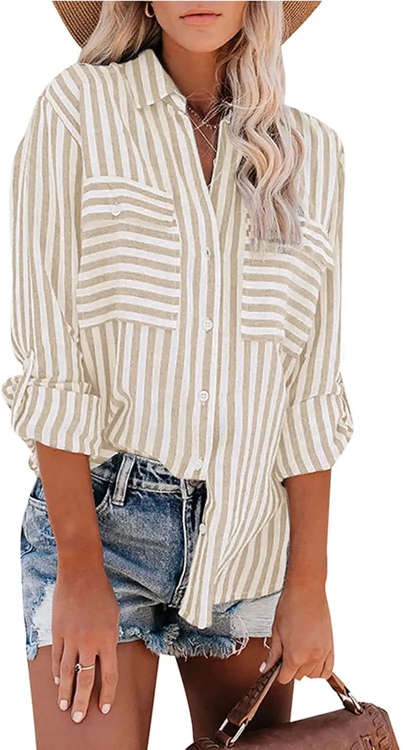 Womens Button Down Lapel Stripe Cotton Linen Shirts Long Sleeve Blouse Tops Fall Fashion Tops Dress Casual