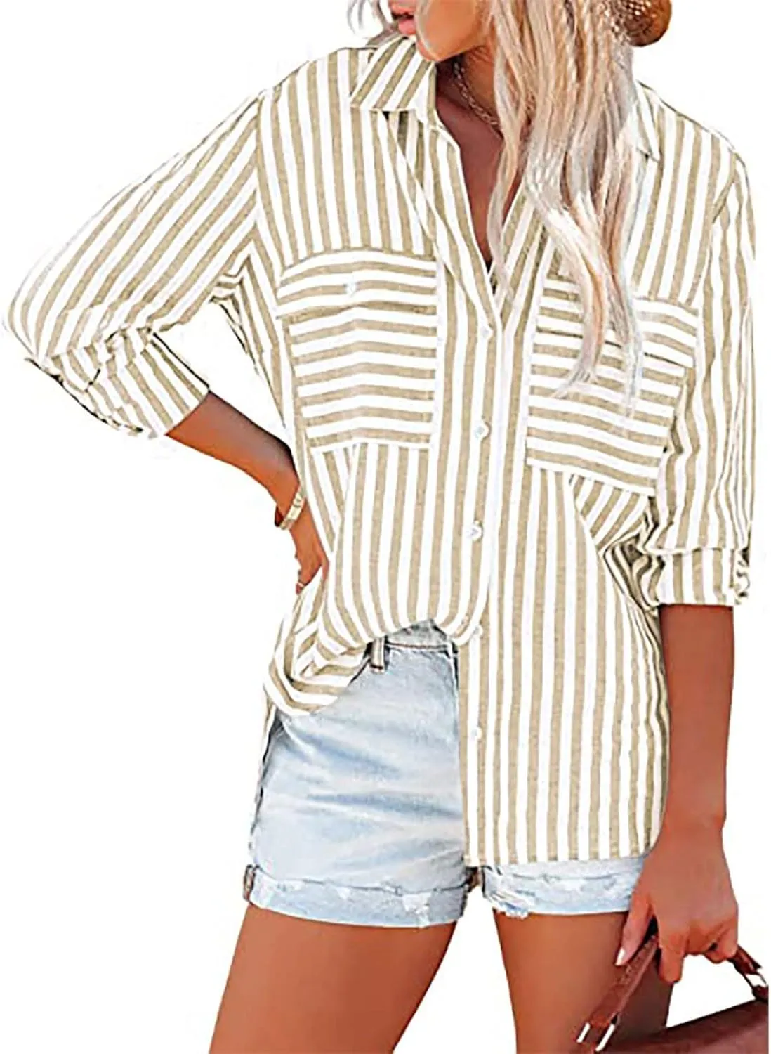 Womens Button Down Lapel Stripe Cotton Linen Shirts Long Sleeve Blouse Tops Fall Fashion Tops Dress Casual