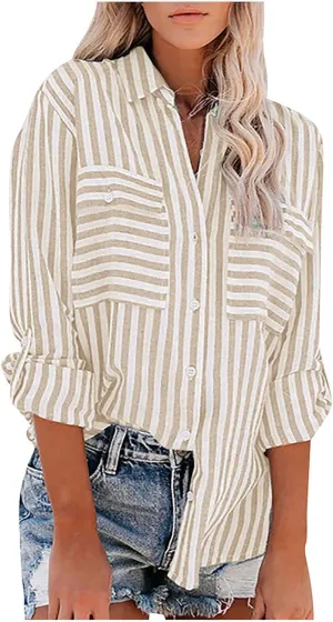 Womens Button Down Lapel Stripe Cotton Linen Shirts Long Sleeve Blouse Tops Fall Fashion Tops Dress Casual