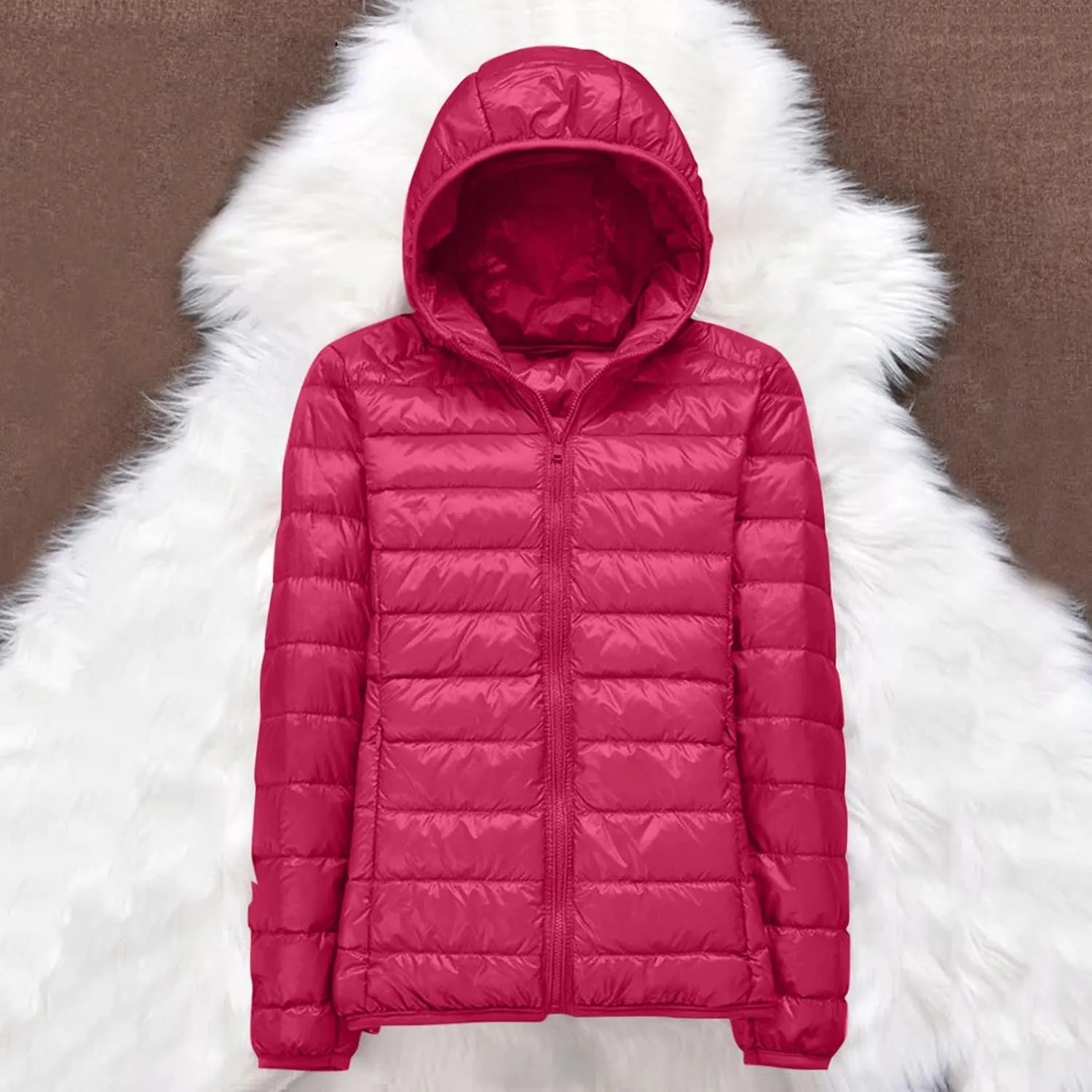 Womens Casual Lightweight Hooded Down Jacket Packable Solid Color Puffer Coats Jacket with Storage Bag