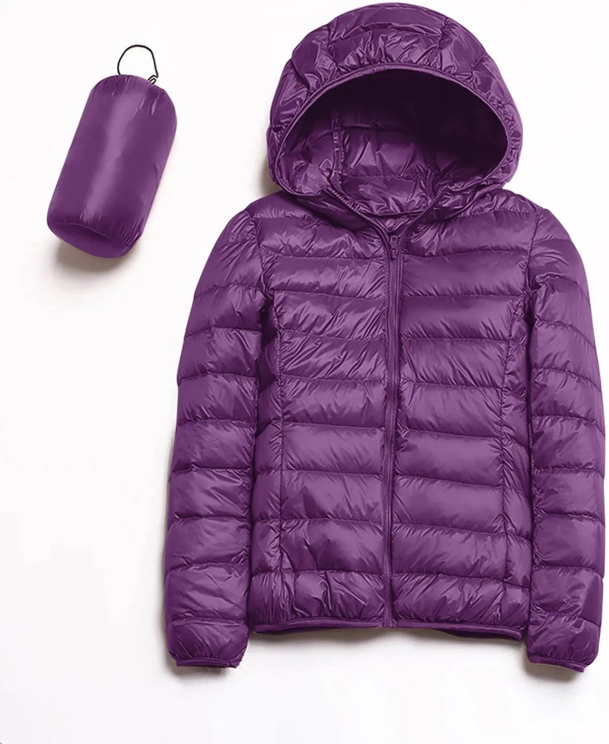 Womens Casual Lightweight Hooded Down Jacket Packable Solid Color Puffer Coats Jacket with Storage Bag