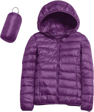 Womens Casual Lightweight Hooded Down Jacket Packable Solid Color Puffer Coats Jacket with Storage Bag