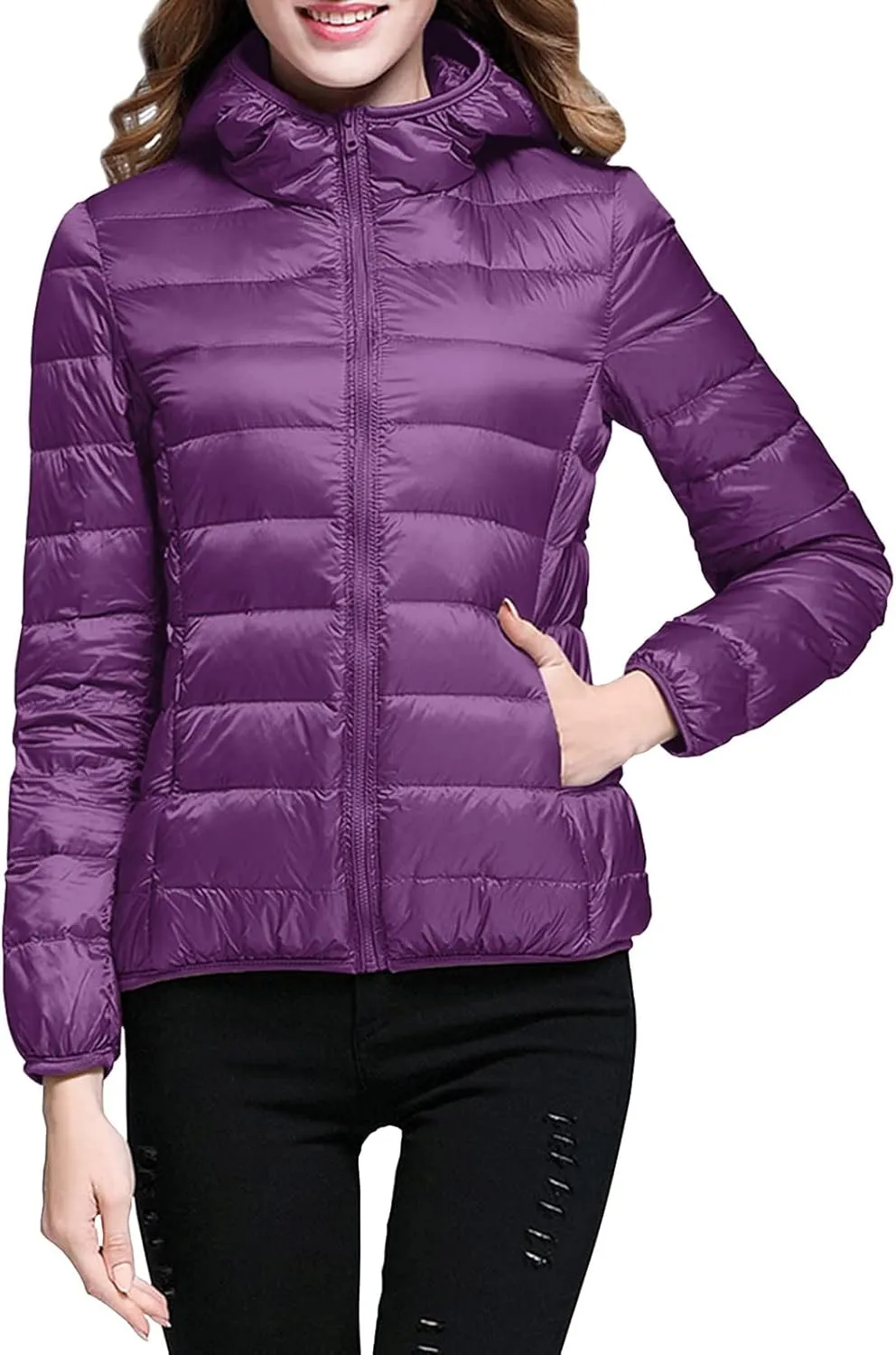 Womens Casual Lightweight Hooded Down Jacket Packable Solid Color Puffer Coats Jacket with Storage Bag