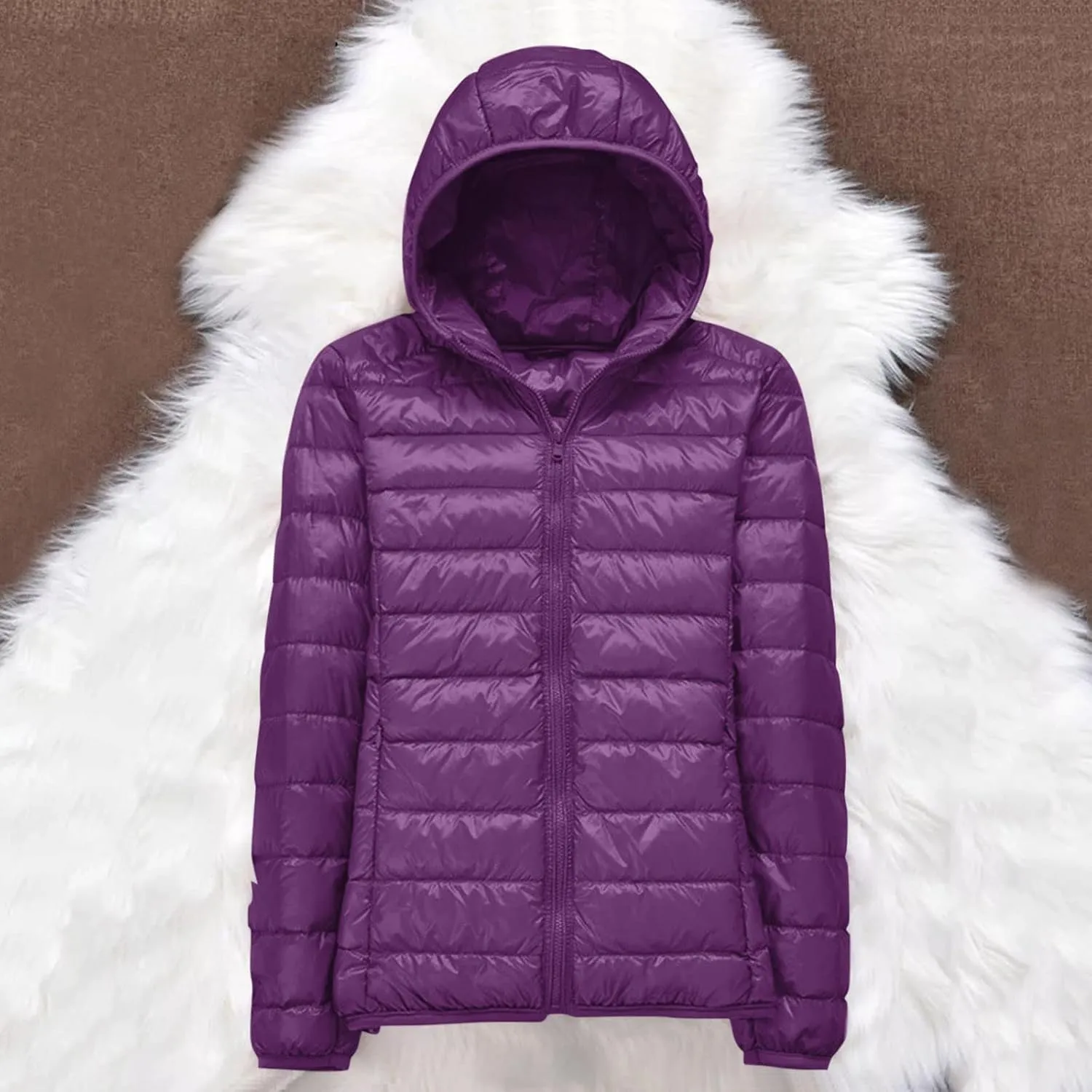 Womens Casual Lightweight Hooded Down Jacket Packable Solid Color Puffer Coats Jacket with Storage Bag