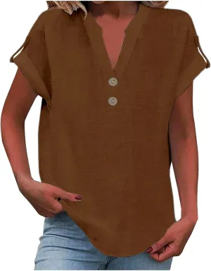 Women's Fashion Short Sleeve Linen Tops Notched V Neck Button Down Tunic Blouses Summer Casual Business Casual Tops