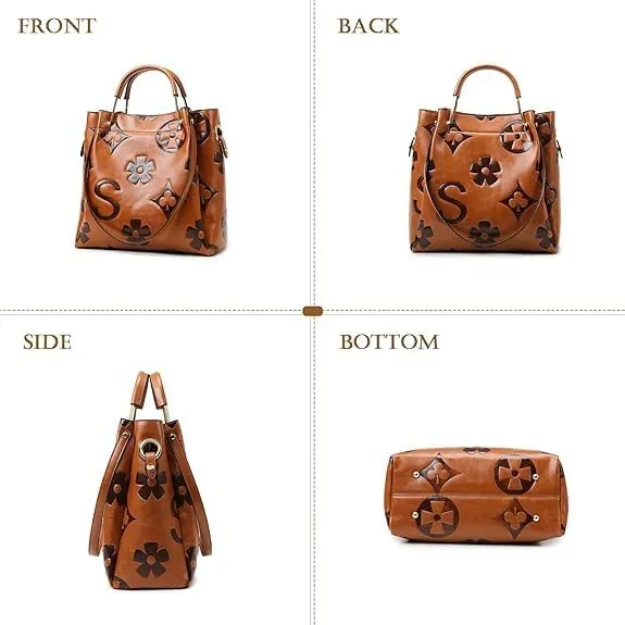 Women’s Floral Embossed Leather Handbag - Large Top Handle Shoulder Bag with Detachable Strap for Everyday