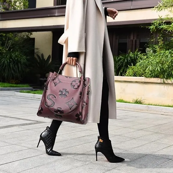 Women’s Floral Embossed Leather Handbag - Large Top Handle Shoulder Bag with Detachable Strap for Everyday