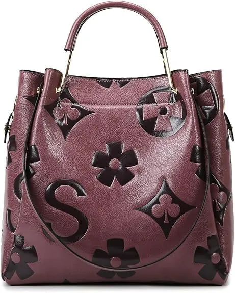 Women’s Floral Embossed Leather Handbag - Large Top Handle Shoulder Bag with Detachable Strap for Everyday