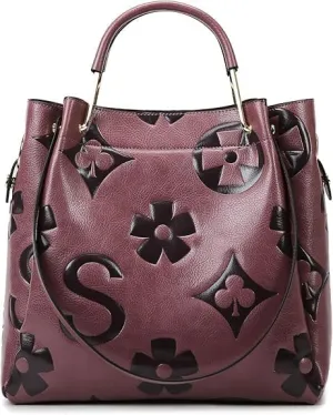 Women’s Floral Embossed Leather Handbag - Large Top Handle Shoulder Bag with Detachable Strap for Everyday