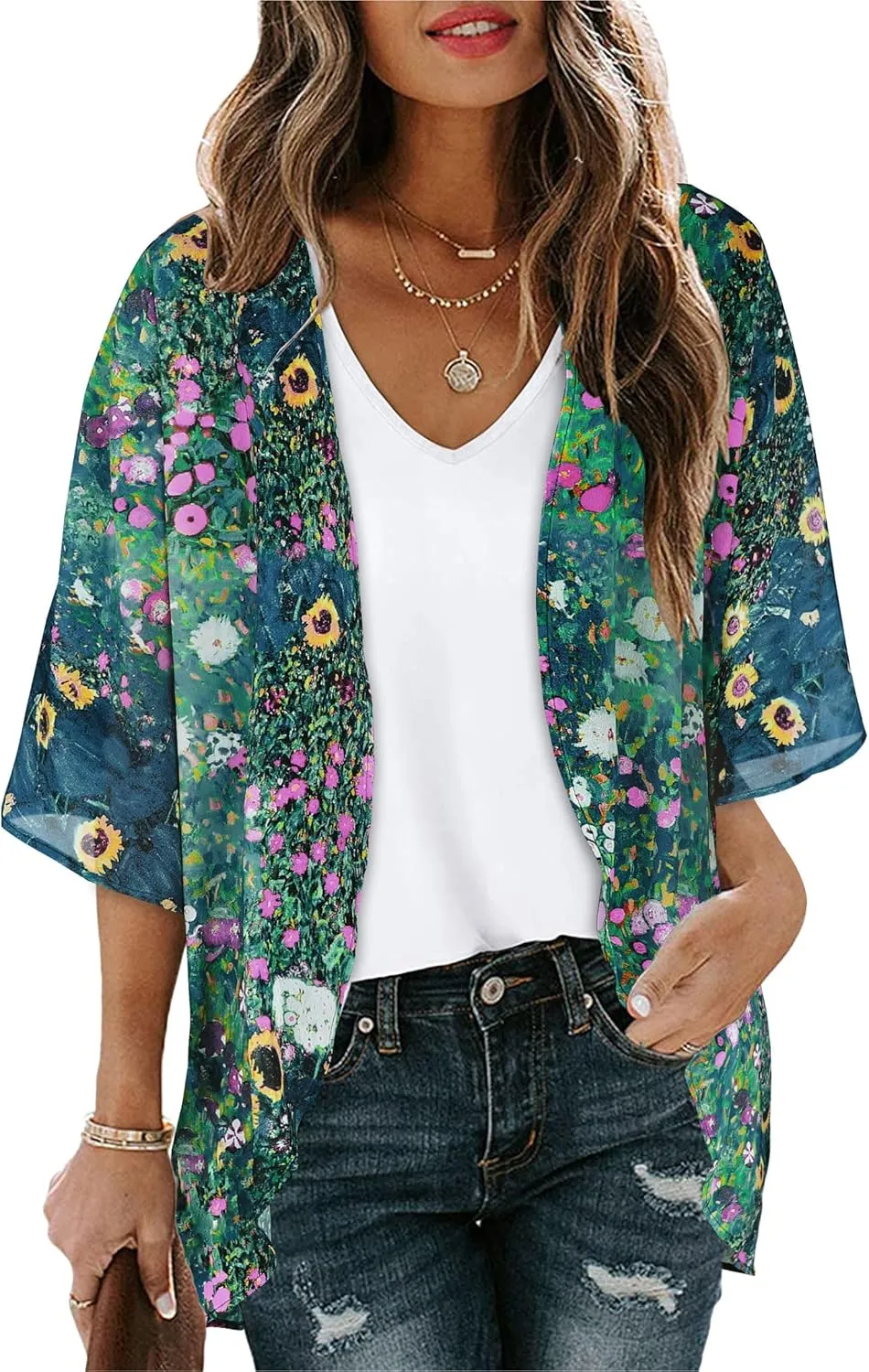 Women's Floral Print Puff Sleeve Kimono Cardigan Loose Cover Up Casual Blouse Tops
