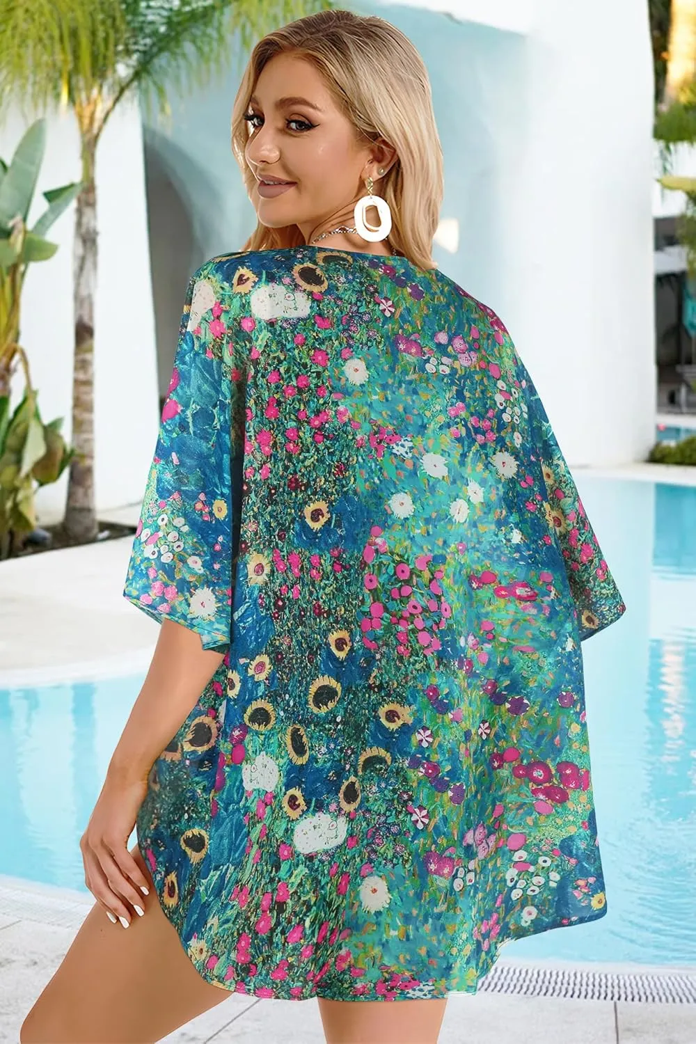 Women's Floral Print Puff Sleeve Kimono Cardigan Loose Cover Up Casual Blouse Tops