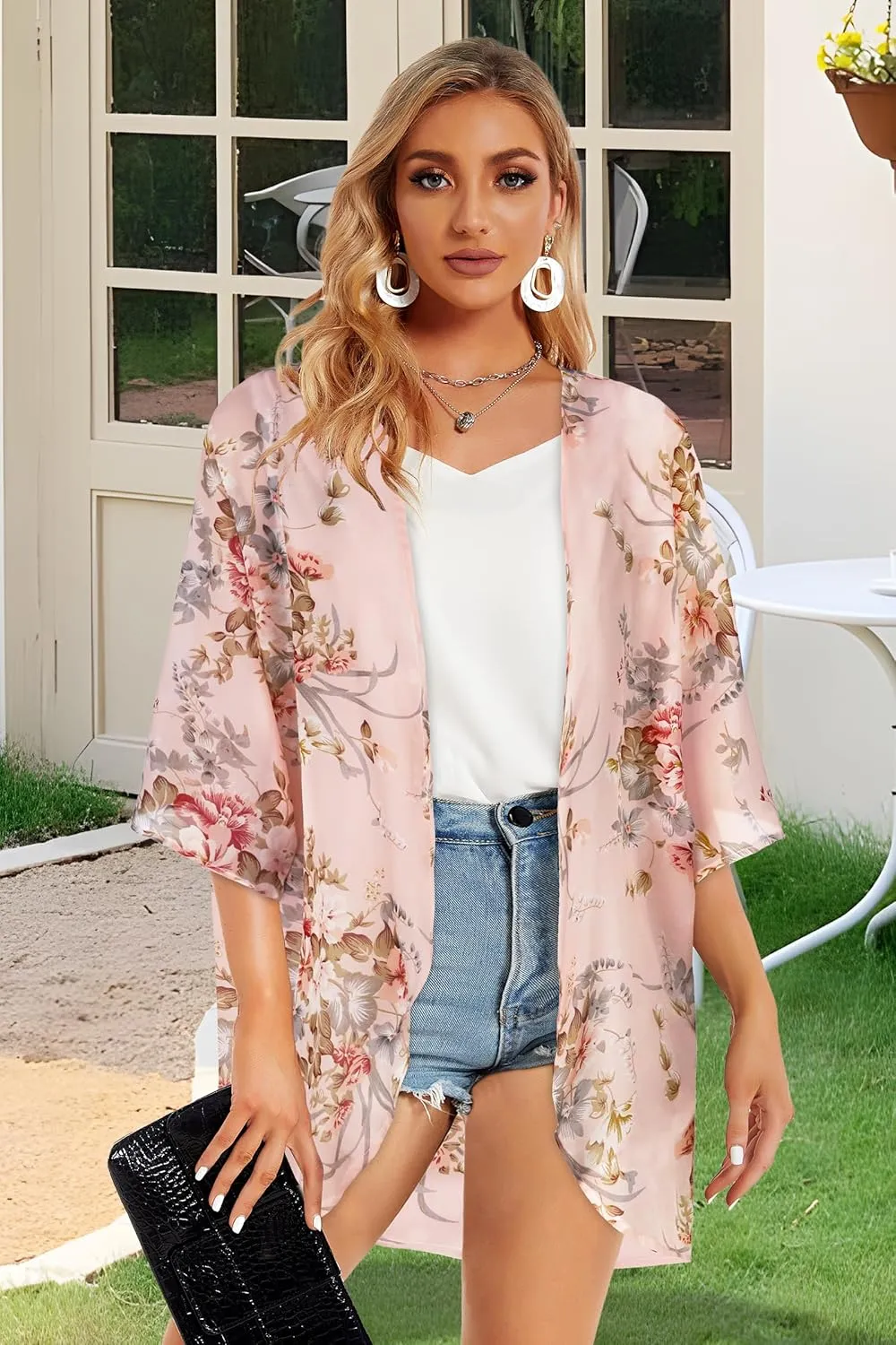 Women's Floral Print Puff Sleeve Kimono Cardigan Loose Cover Up Casual Blouse Tops