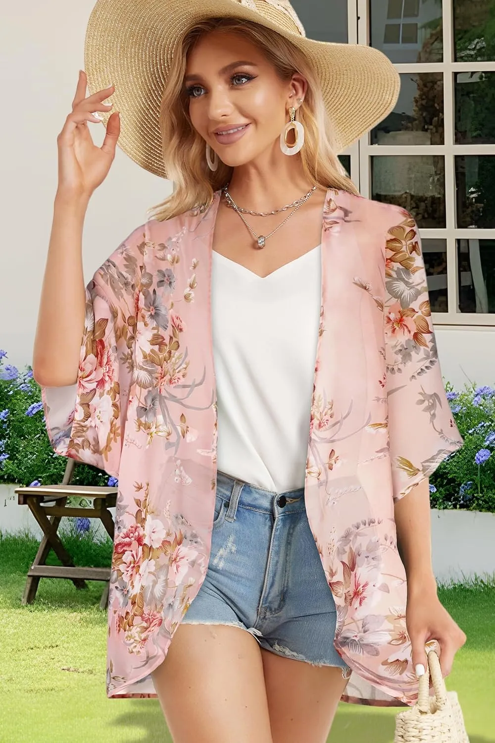 Women's Floral Print Puff Sleeve Kimono Cardigan Loose Cover Up Casual Blouse Tops