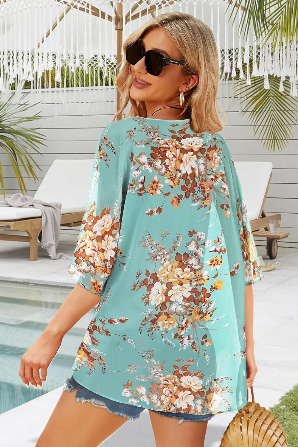 Women's Floral Print Puff Sleeve Kimono Cardigan Loose Cover Up Casual Blouse Tops