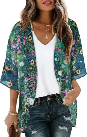 Women's Floral Print Puff Sleeve Kimono Cardigan Loose Cover Up Casual Blouse Tops