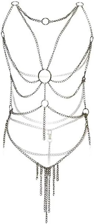 Women's Lingerie Chain Set Cross Enticing Tassel Body Link Harness Metal Chain Set Metallic