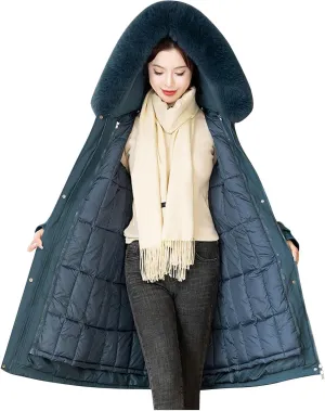 Women's Long Puffer Coat Parka Removable Down Liner Jacket Thicken Winter Faux Fur Warm Hooded Outwear with Pockets