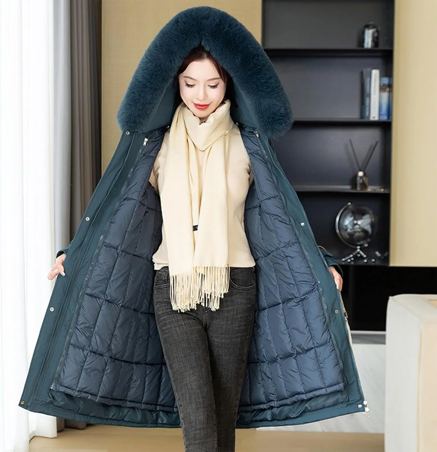 Women's Long Puffer Coat Parka Removable Down Liner Jacket Thicken Winter Faux Fur Warm Hooded Outwear with Pockets