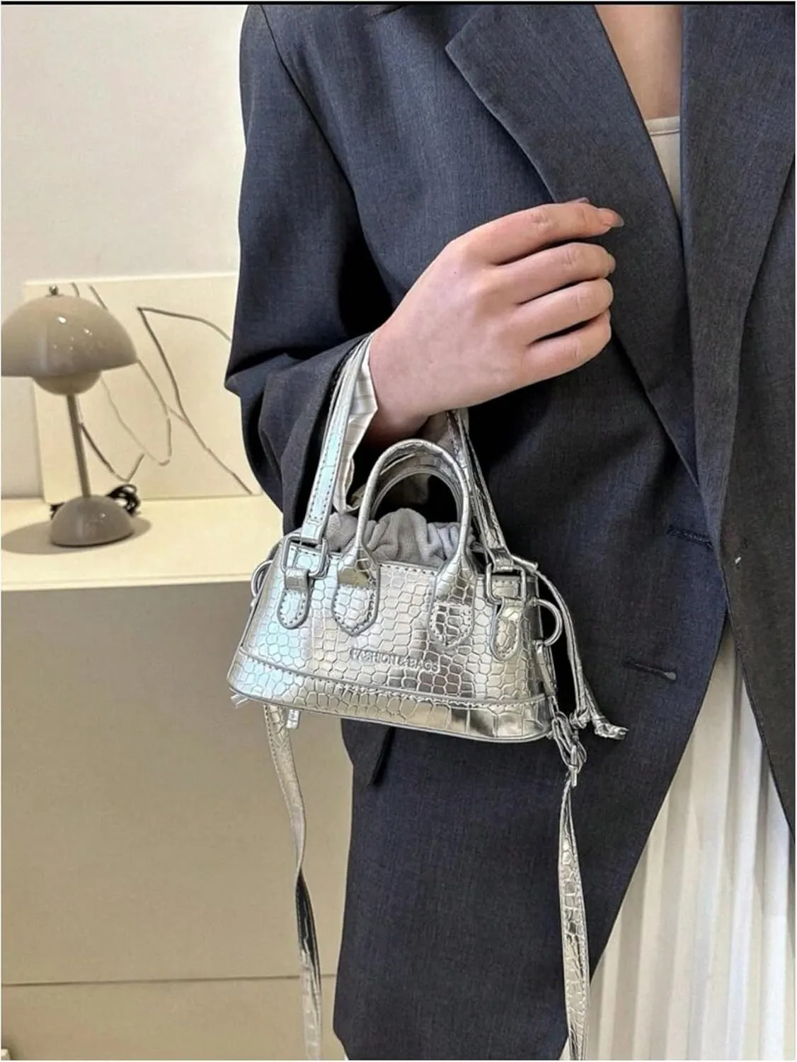 Women's Metallic Crocodile Embossed Shoulder Handbag Funky Drawstring Double Handle Mini Clutch Purse