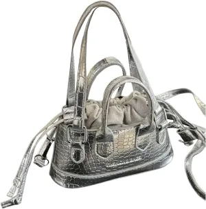 Women's Metallic Crocodile Embossed Shoulder Handbag Funky Drawstring Double Handle Mini Clutch Purse