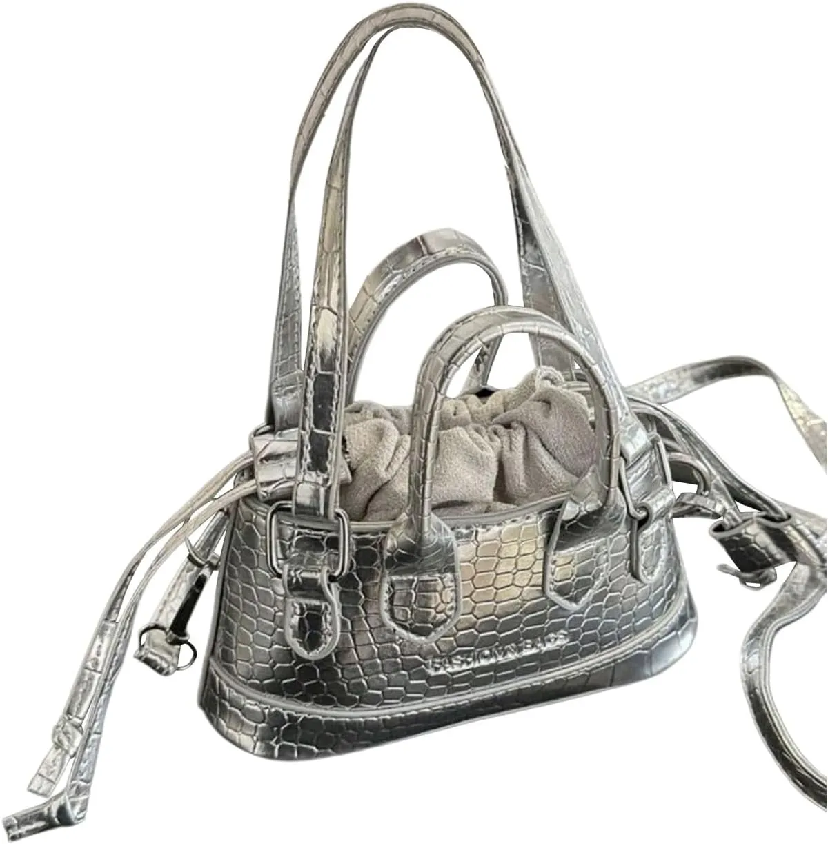 Women's Metallic Crocodile Embossed Shoulder Handbag Funky Drawstring Double Handle Mini Clutch Purse